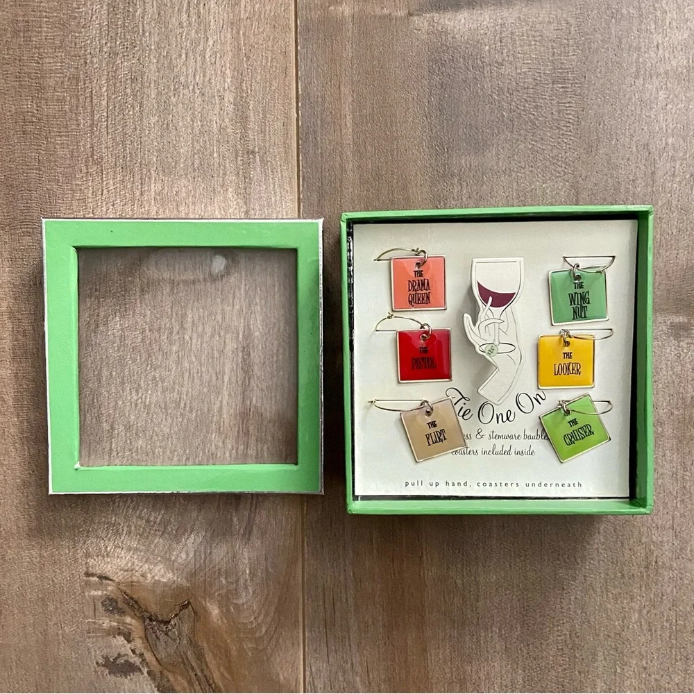 Tie One On Set of 6 Wine Glass Charms with Matching Coasters